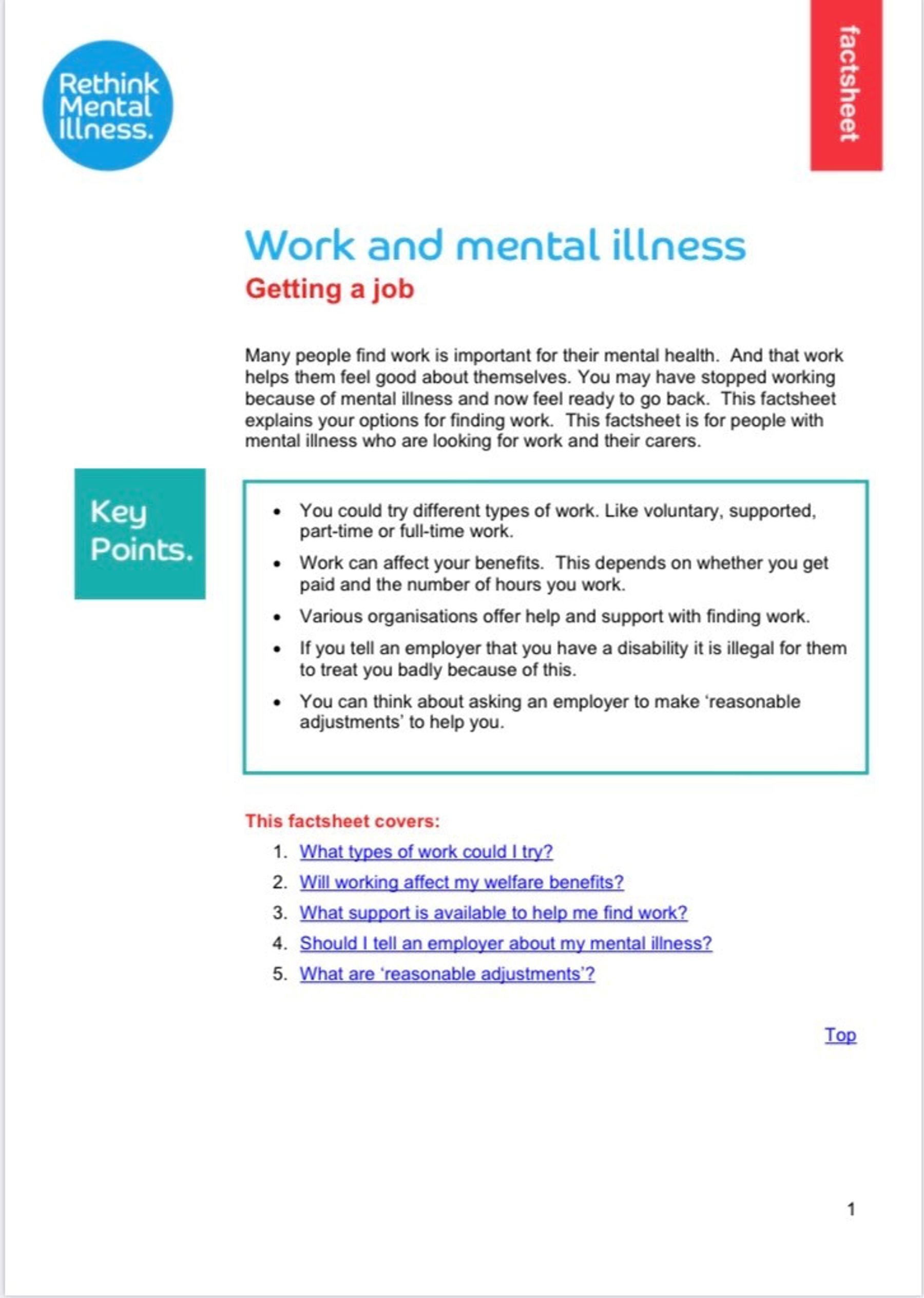Work and Mental Illness Factsheet